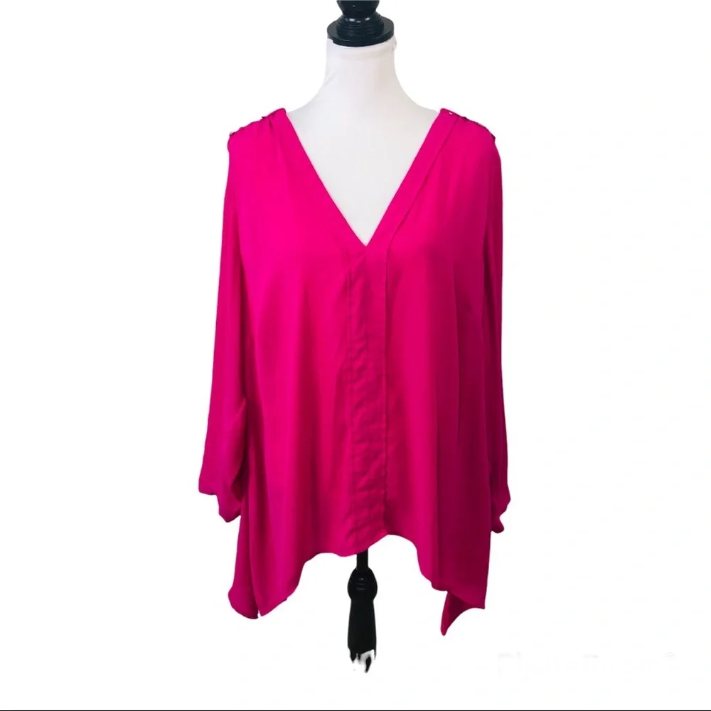 NY Collection Blouse Plus Size 2X Pink Tunic Top Shark Bite Hem V Neck Shirt.